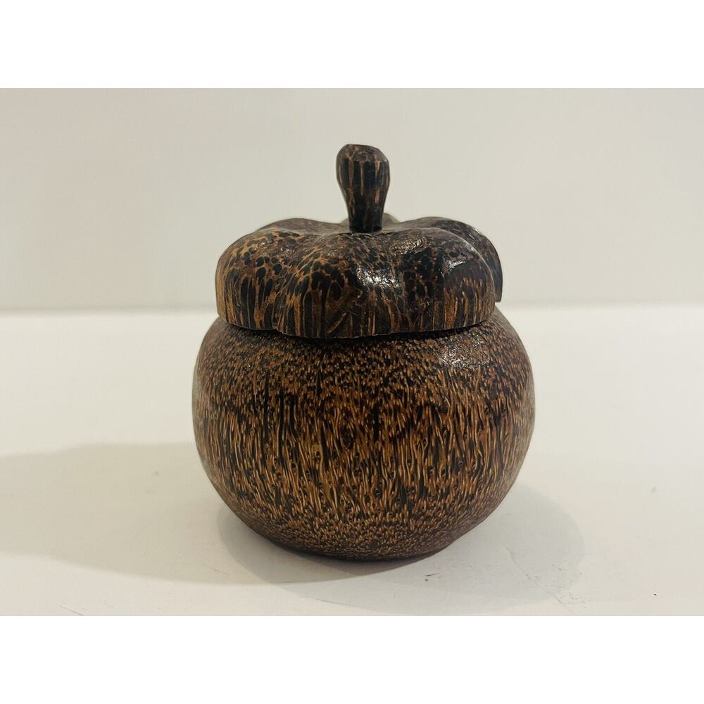 Coconut Wood Lidded Trinket Storage Jar Box w/ Acorn Shaped Knob